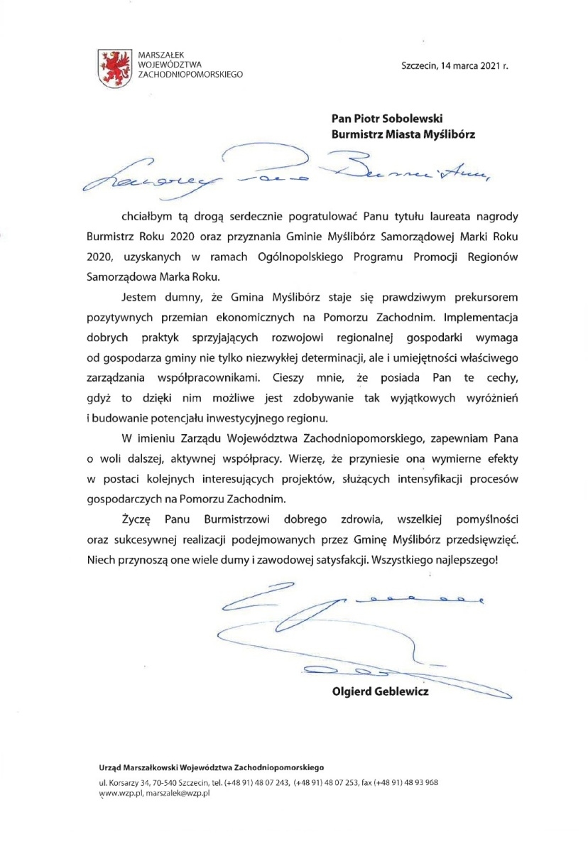 Zdjęcie przedstawia list gratulacyjny od Marszałka Województwa Zachodniopomorskiego